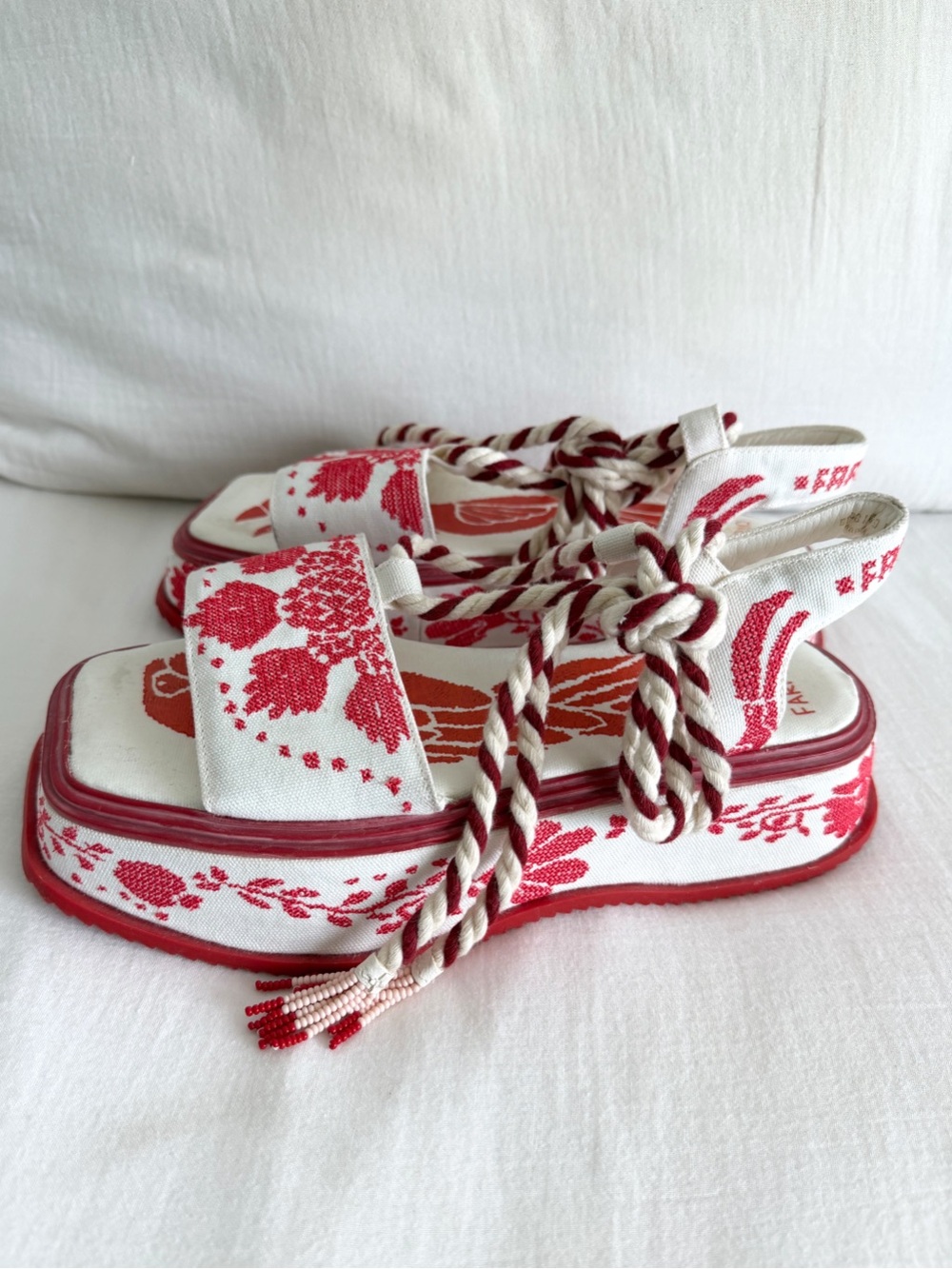Farm Rio Red & White Embroidered Platform Sandal - Picture 4 of 8